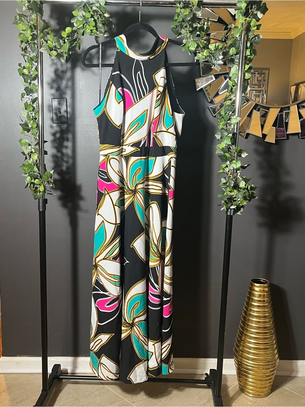 High-Neck Floral Print Wide-Leg Maxi Dress- Black/Turquoise/Pink